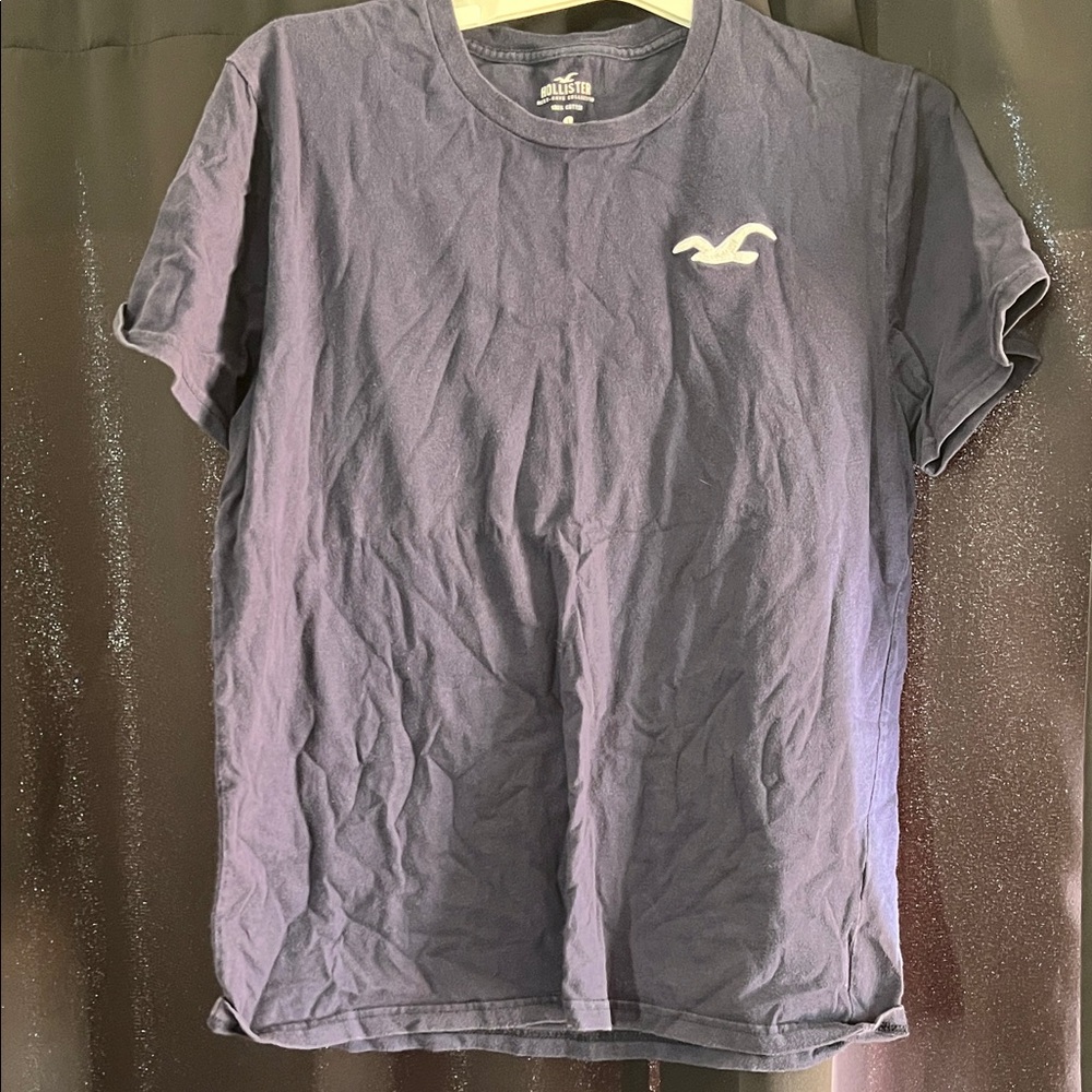 Hollister Men's Navy Blue Crew Neck Tee with White Logo